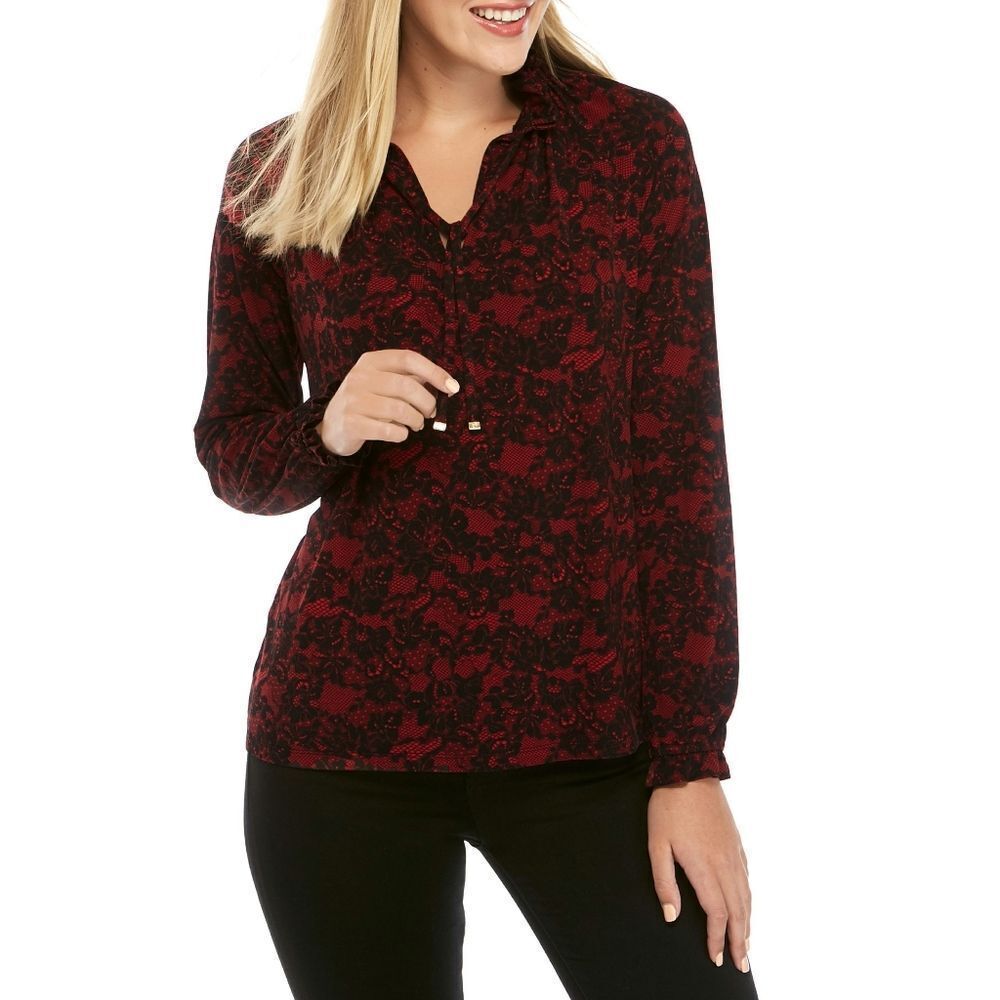 New! MICHAEL KORS Women's Lace Print Ruffled Tie-Neck Top Blouse XS Red Black
